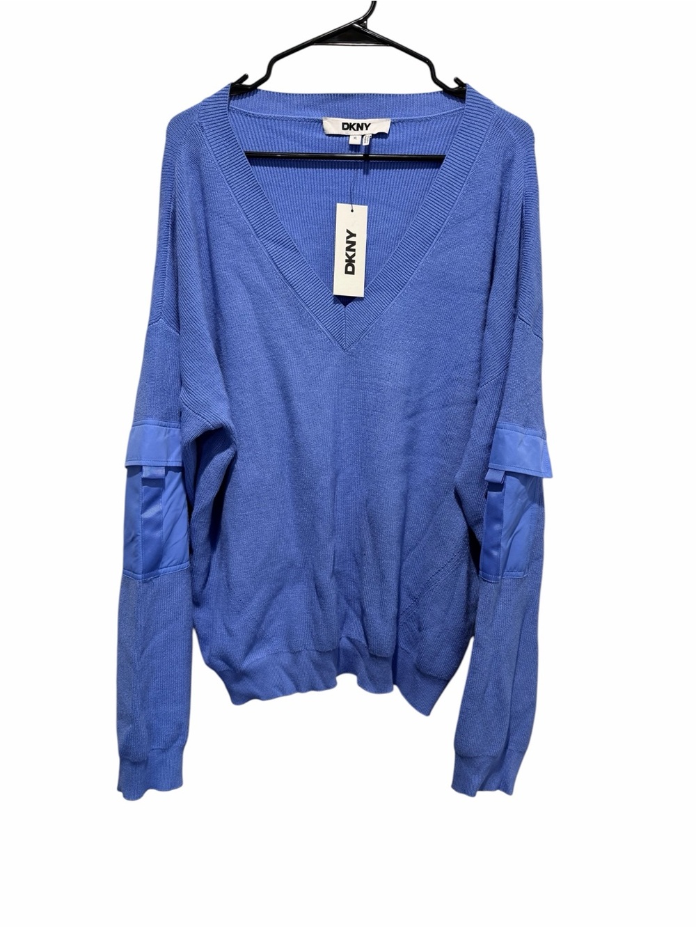 DKNY Blue V-Neck Sweater with Sleeve Panels